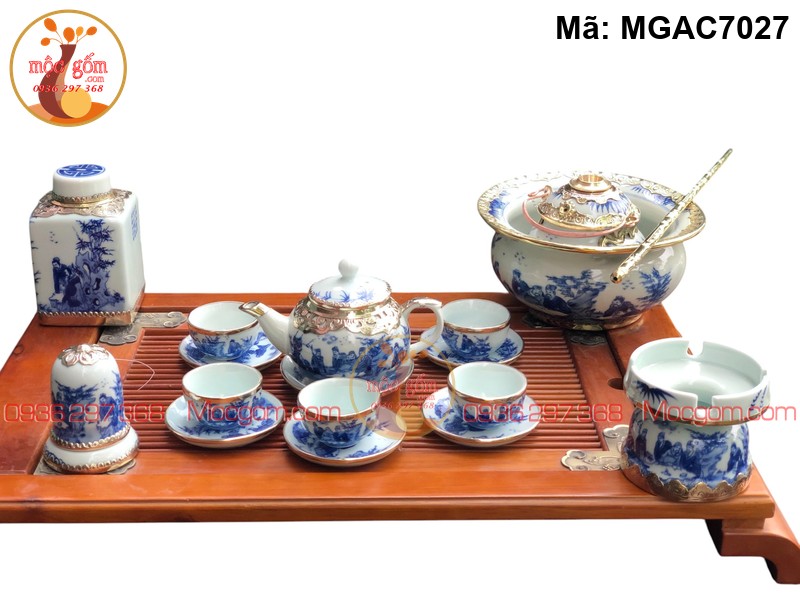 Ấm chén Bát Tràng men lam cảnh Trúc Lâm Bọc đồng mã MGAC7027