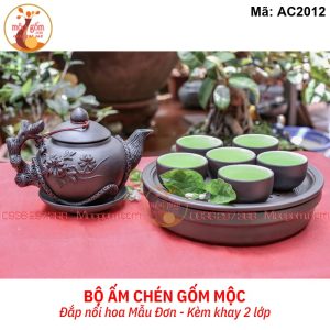 Ấm chén gốm Bát Tràng đắp nổi kèm khay 2 lớp mã AC2012