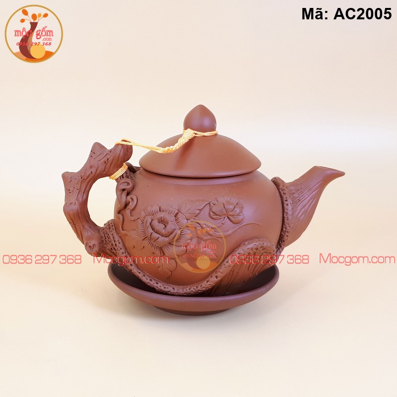 Ấm chén gốm Bát Tràng đáp nổi mẫu đơn màu đỏ mã AC2005 – Ảnh 4