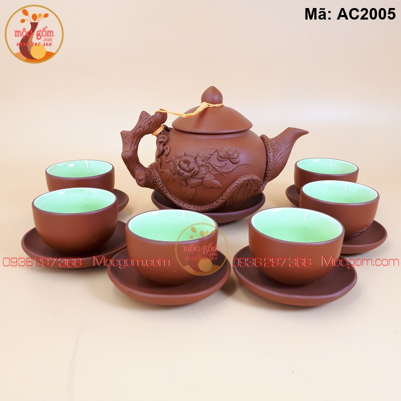 Ấm chén gốm Bát Tràng đáp nổi mẫu đơn màu đỏ mã AC2005