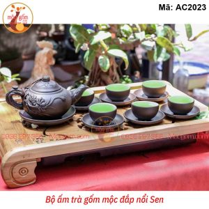 Ấm chén gốm mộc đắp nổi sen mã AC2023