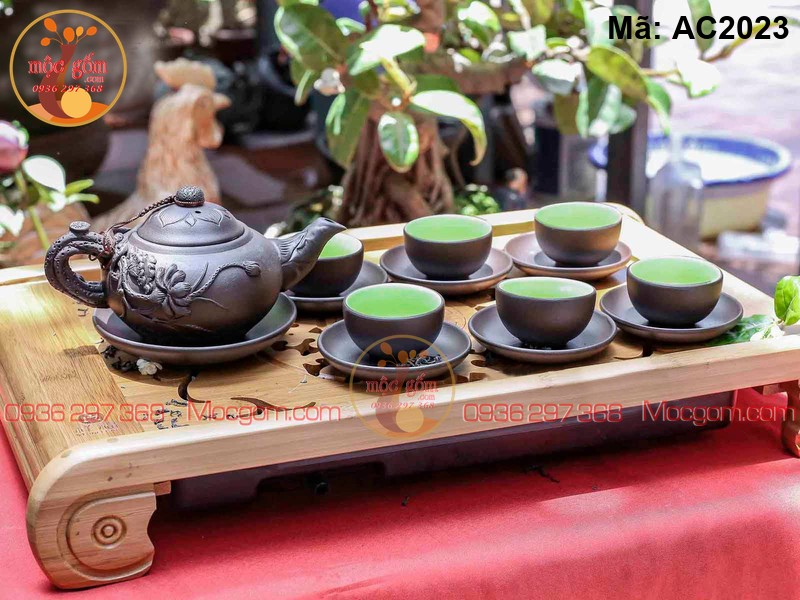 Ấm chén gốm mộc đắp nổi sen mã AC2023 – Ảnh 2