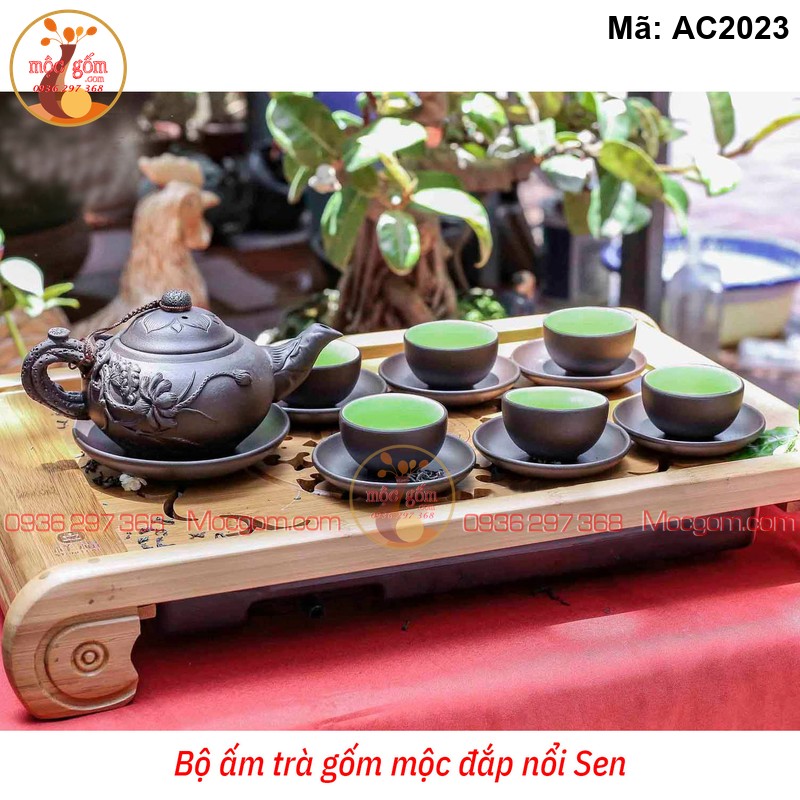 Ấm chén gốm mộc đắp nổi sen mã AC2023