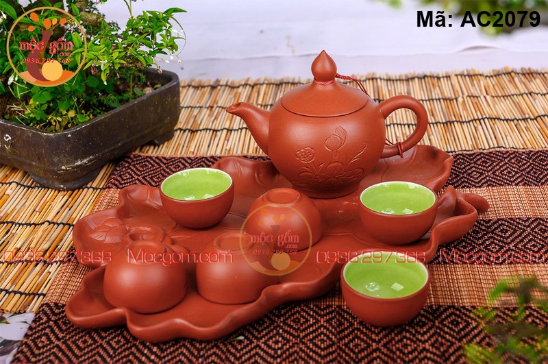 Ấm chén gốm sứ men mộc dáng chóp đào khay lá Sen mã AC2079 – Ảnh 2
