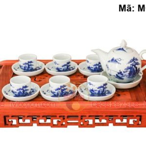 Ấm chén pha trà men lam cảnh Lã vọng câu cá mã MGAC7018