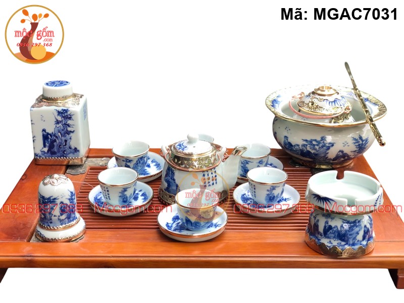 Ấm chén pha trà men lam cảnh Trúc Lâm Bọc đồng mã MGAC7031