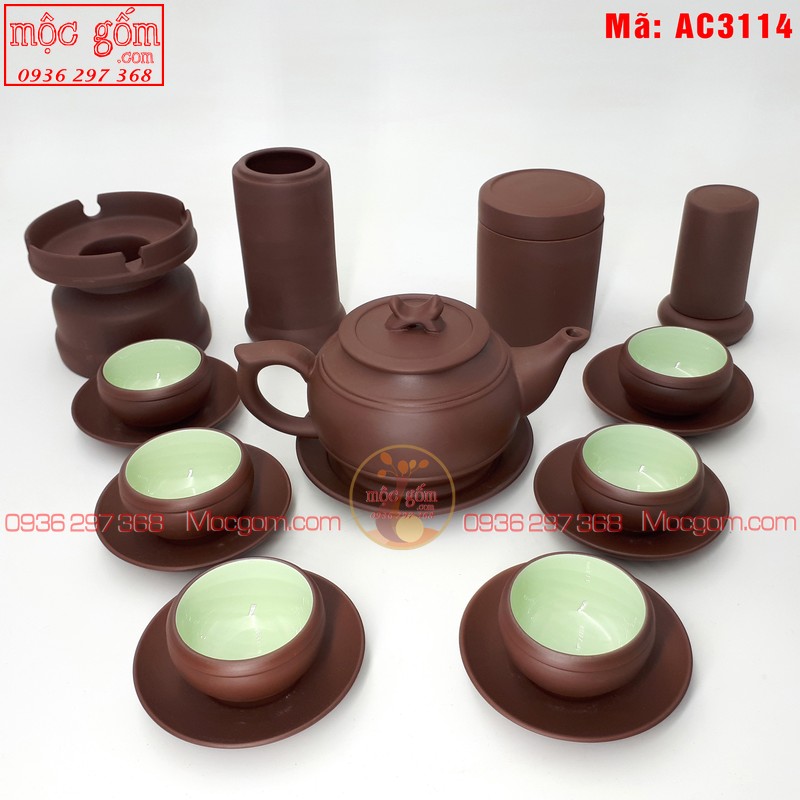 Ấm chén tử sa Bát Tràng mẫu Trống đai nâu và phụ kiện mã AC3114