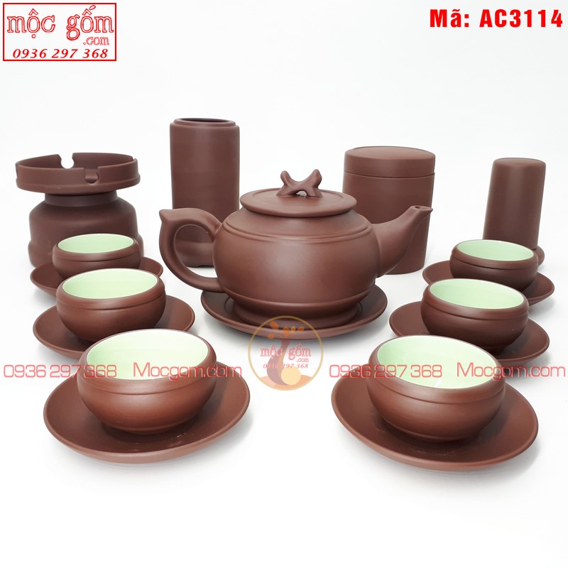 Ấm chén tử sa Bát Tràng mẫu Trống đai nâu và phụ kiện mã AC3114 – Ảnh 2