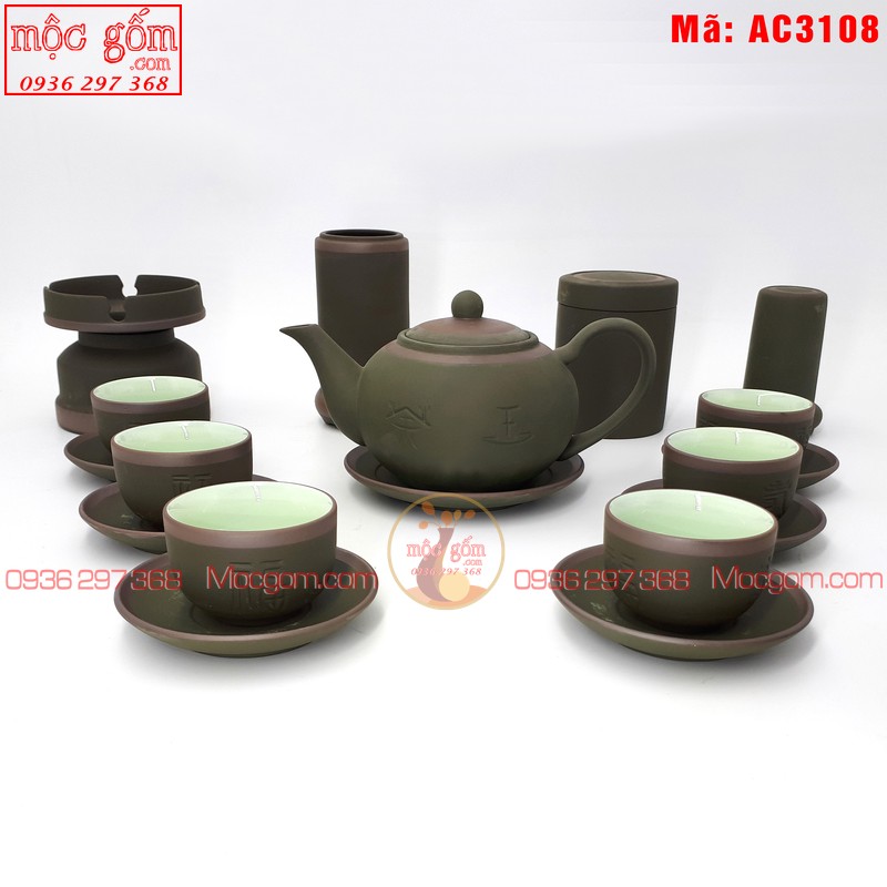 Bán ấm trà tử sa mẫu Tống Phúc Lộc Thọ Xanh chỉ và phụ kiện mã AC3108 – Ảnh 2