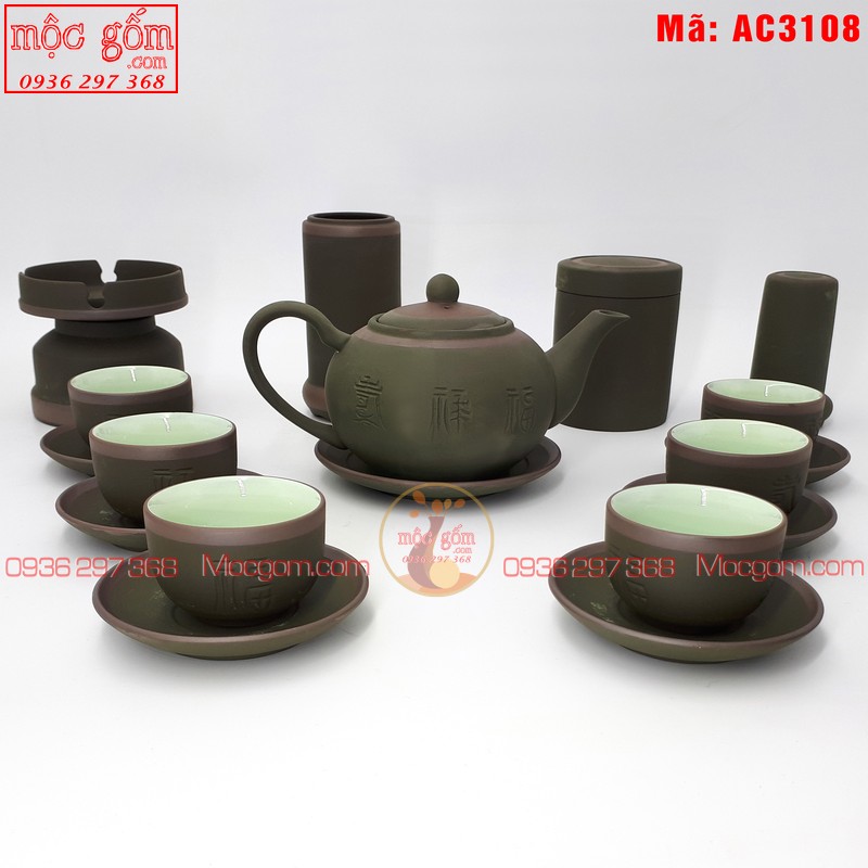 Bán ấm trà tử sa mẫu Tống Phúc Lộc Thọ Xanh chỉ và phụ kiện mã AC3108