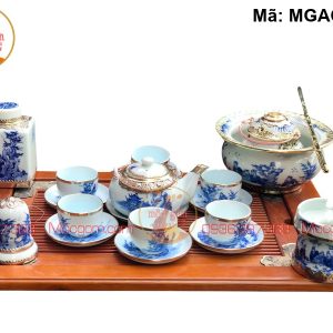 Bộ ấm chén Bát Tràng men lam cảnh Trúc Lâm Bọc đồng mã MGAC7028