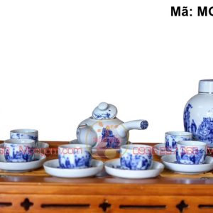 Bộ ấm chén Bát Tràng men lam cảnh Trúc Lâm mã MGAC7015