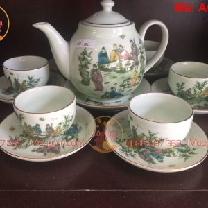 Bộ ấm chén cao cấp men cốm vẽ Trúc Lâm mã AC1021