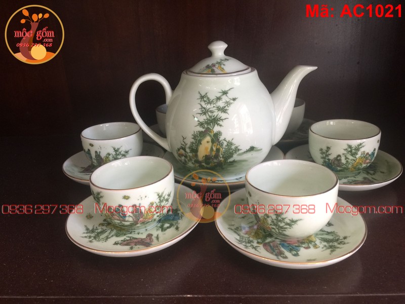 Bộ ấm chén cao cấp men cốm vẽ Trúc Lâm mã AC1021 – Ảnh 2