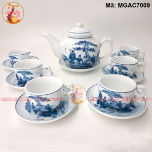 Bộ ấm chén cao cấp men lam cảnh Ngũ Lão Bình Đồ mã MGAC7009