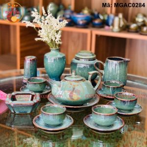 Bộ ấm chén đẹp Bát Tràng men hỏa biến mã MGAC0284