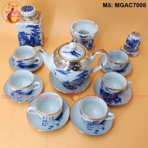 Bộ ấm chén đẹp men lam cảnh Lã vọng Bọc đồng mã MGAC7008