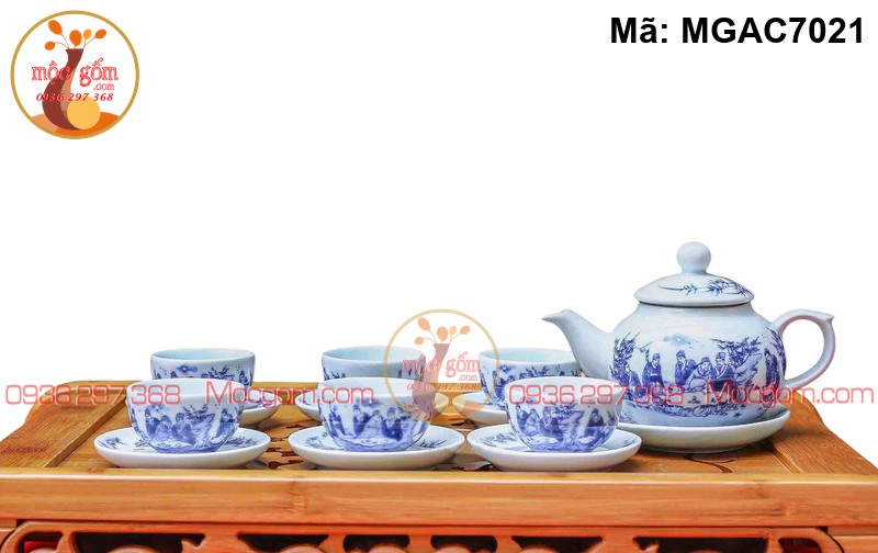 Bộ ấm chén đẹp men lam cảnh Trúc Lâm mã MGAC7021