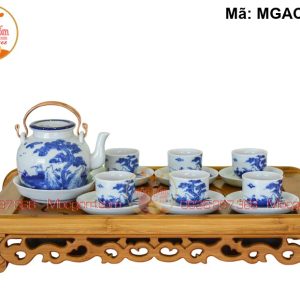 Bộ ấm chén giá rẻ men lam cảnh Lã Vọng Câu Cá Quai đồng mã MGAC7023