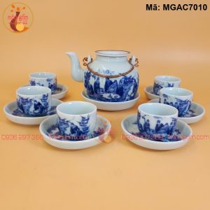 Bộ ấm chén giá rẻ men lam cảnh Trúc Lâm Quai đồng mã MGAC7010