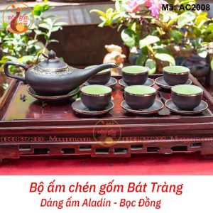 Bộ ấm chén gốm Bát Tràng cao cấp bọc đồng mã AC2008