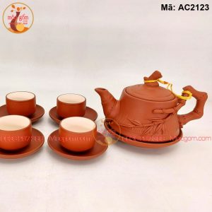 Bộ ấm chén gốm Bát Tràng đắp trúc mã AC2123