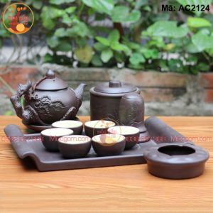Bộ ấm chén gốm mộc men đen và phụ kiện mã AC2124