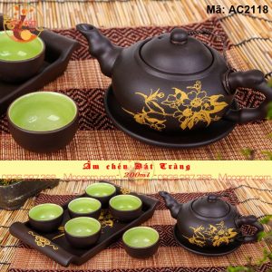 Bộ ấm chén gốm mộc vẽ tay hoa vàng mã AC2118