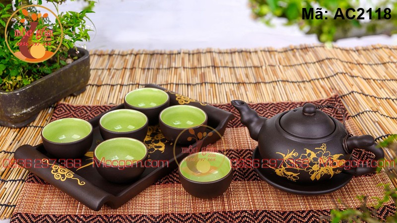 Bộ ấm chén gốm mộc vẽ tay hoa vàng mã AC2118 – Ảnh 2