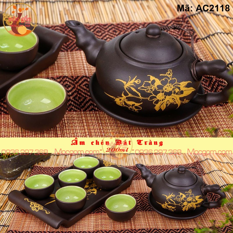Bộ ấm chén gốm mộc vẽ tay hoa vàng mã AC2118