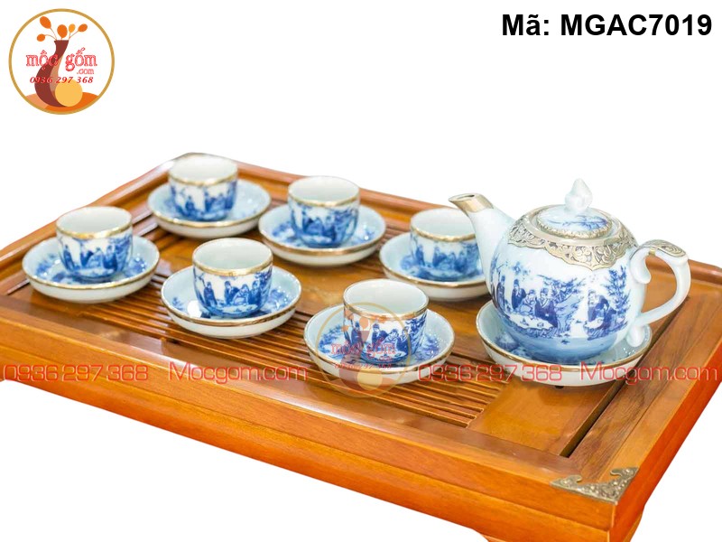 Bộ ấm chén men lam cảnh Trúc Lâm Bọc đồng mã MGAC7019