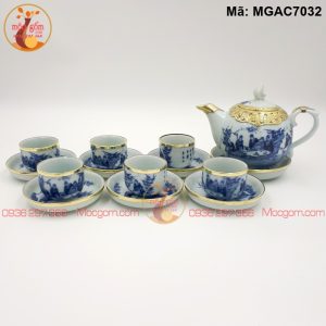 Bộ ấm chén men lam cảnh Trúc Lâm Bọc đồng mã MGAC7032