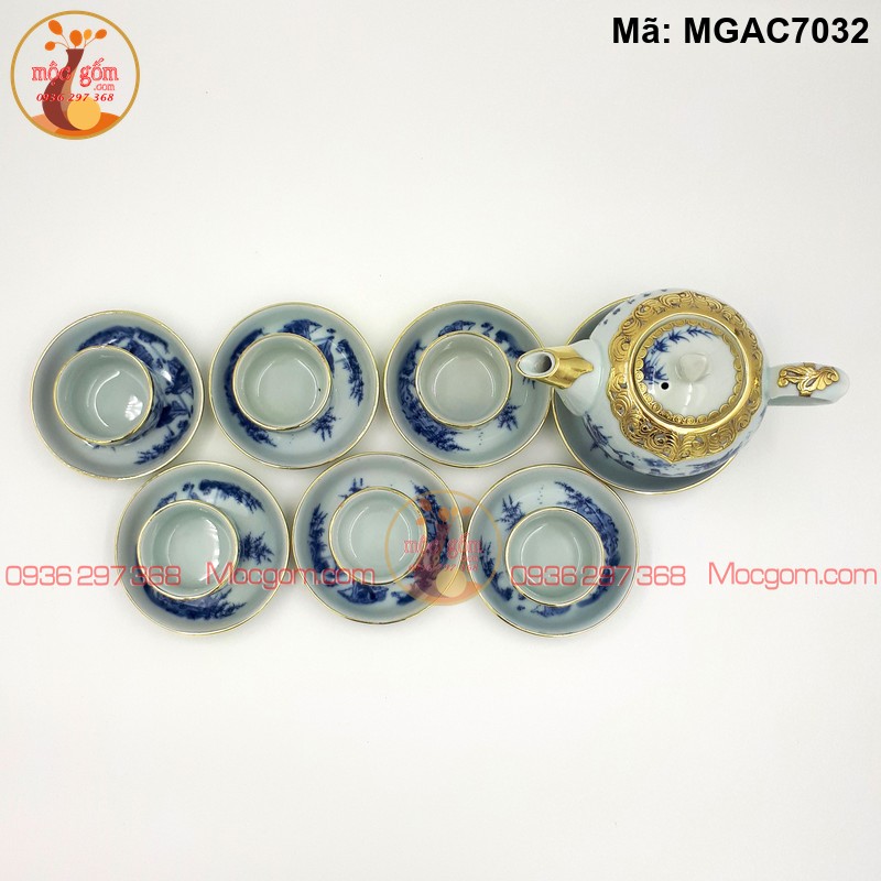 Bộ ấm chén men lam cảnh Trúc Lâm Bọc đồng mã MGAC7032 – Ảnh 2
