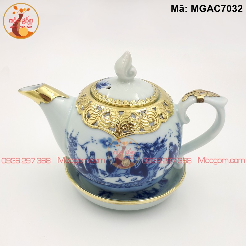 Bộ ấm chén men lam cảnh Trúc Lâm Bọc đồng mã MGAC7032 – Ảnh 3