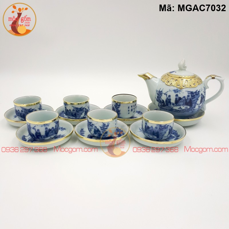 Bộ ấm chén men lam cảnh Trúc Lâm Bọc đồng mã MGAC7032