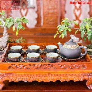 Bộ ấm chén tử sa bát tràng bọc đồng mã ac3142