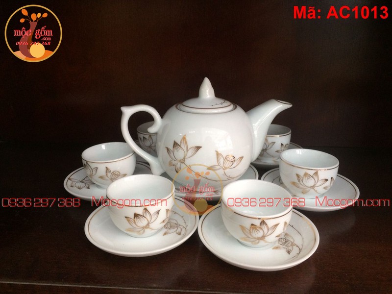 Bộ ấm chén uống trà Bát Tràng vẽ vàng cảnh sen mã AC1013