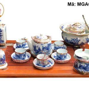 Bộ ấm trà Bát Tràng men lam cảnh Trúc Lâm Bọc đồng mã MGAC7030