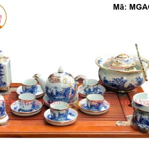 Bộ ấm trà cao cấp men lam cảnh Trúc Lâm Bọc đồng mã MGAC7026