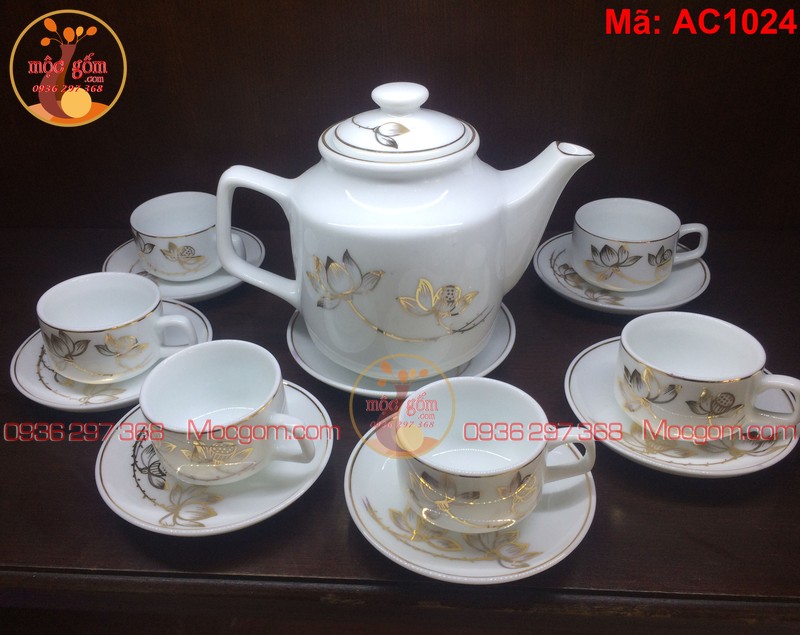 Bộ ấm trà cao cấp vẽ mạ Sen Vàng mã AC1024