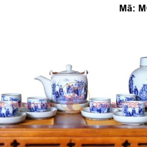 Bộ ấm trà đẹp men lam cảnh Trúc lâm Quai đồng, kẻ chỉ vàng mã MGAC7012