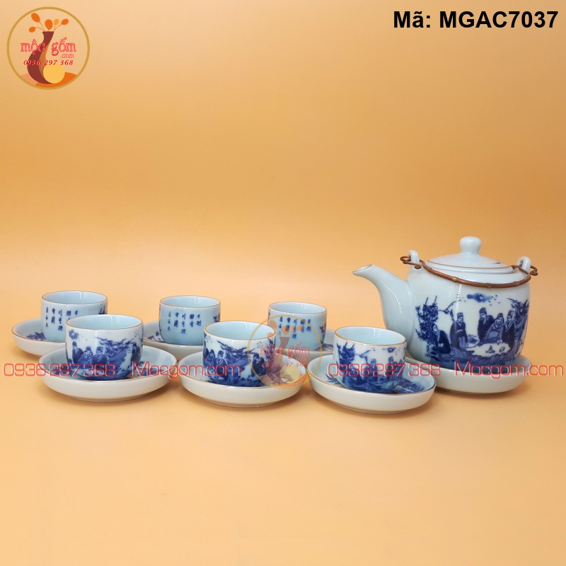 Bộ ấm trà giá rẻ men lam cảnh Trúc Lâm Kẻ chỉ vàng mã MGAC7037