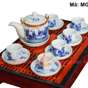 Bộ ấm trà giá rẻ men lam cảnh Trúc Lâm Quai đồng mã MGAC7011