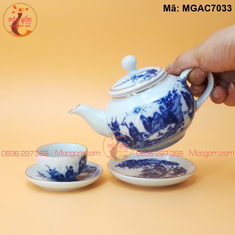 Bộ ấm trà men lam cảnh Trúc Lâm Kẻ chỉ vàng mã MGAC7033 – Ảnh 2