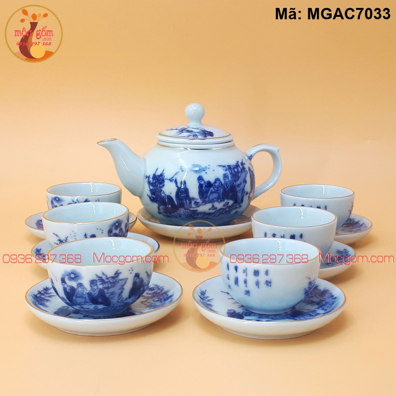 Bộ ấm trà men lam cảnh Trúc Lâm Kẻ chỉ vàng mã MGAC7033