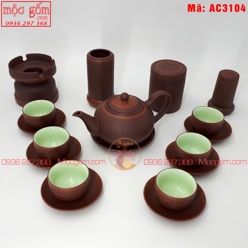 Bộ ấm trà tử sa cao cấp mẫu Tống Phúc Lộc Thọ nâu chỉ đỏ và phụ kiện mã AC3104