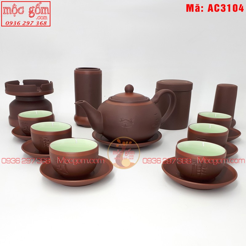 Bộ ấm trà tử sa cao cấp mẫu Tống Phúc Lộc Thọ nâu chỉ đỏ và phụ kiện mã AC3104 – Ảnh 2