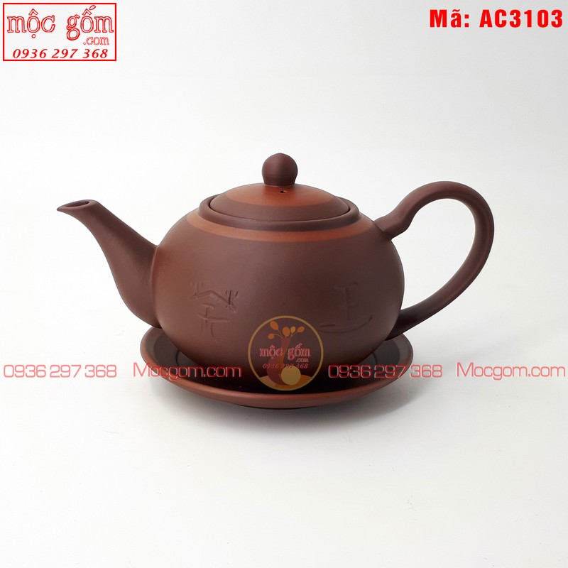 Bộ ấm trà tử sa mẫu Tống Phúc Lộc Thọ nâu chỉ đỏ mã AC3103 – Ảnh 2