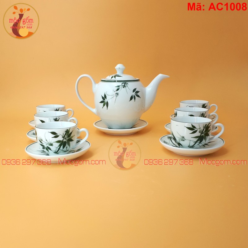Giá bộ ấm chén Bát Tràng cao cấp vẽ tre mã AC1008
